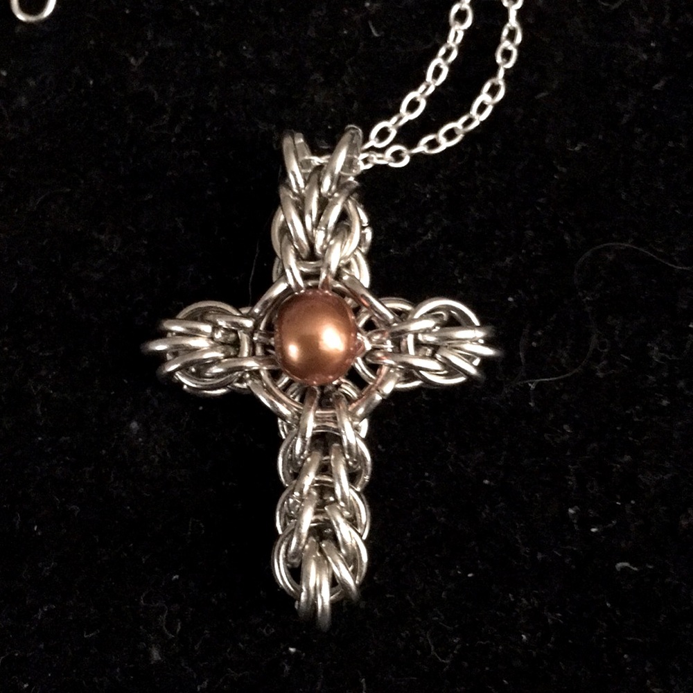 Brown Pearl Cross Handmade Chainmaille in platinum Necklace